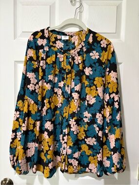 Cabi Floral Button-Front Blouse in Teal, Mustard & Blush